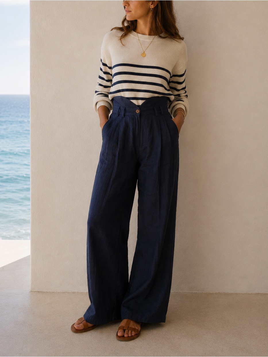 Stillwater Linen Knotch Waist Pants Size Small Navy Blue Coastal Beach Wide Leg